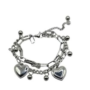 Silver Metal Double Strand Heart Charm Bracelet Perfect For Shiny New